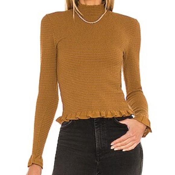 Nation LTD Emmy Smocked Turtleneck Top Cocoa Long Sleeve Ruffle Shirt Fall Sz L - Picture 2 of 13